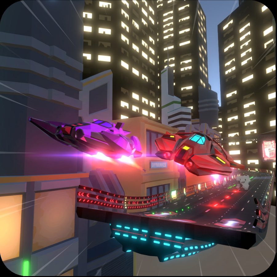 Two racers banking through an elevated neon roadway between skyscrapers.