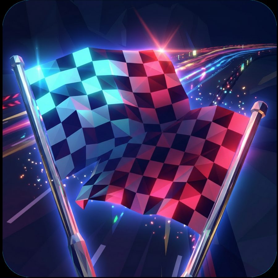 Anti-gravity racers crossing a start line under checkered flags.
