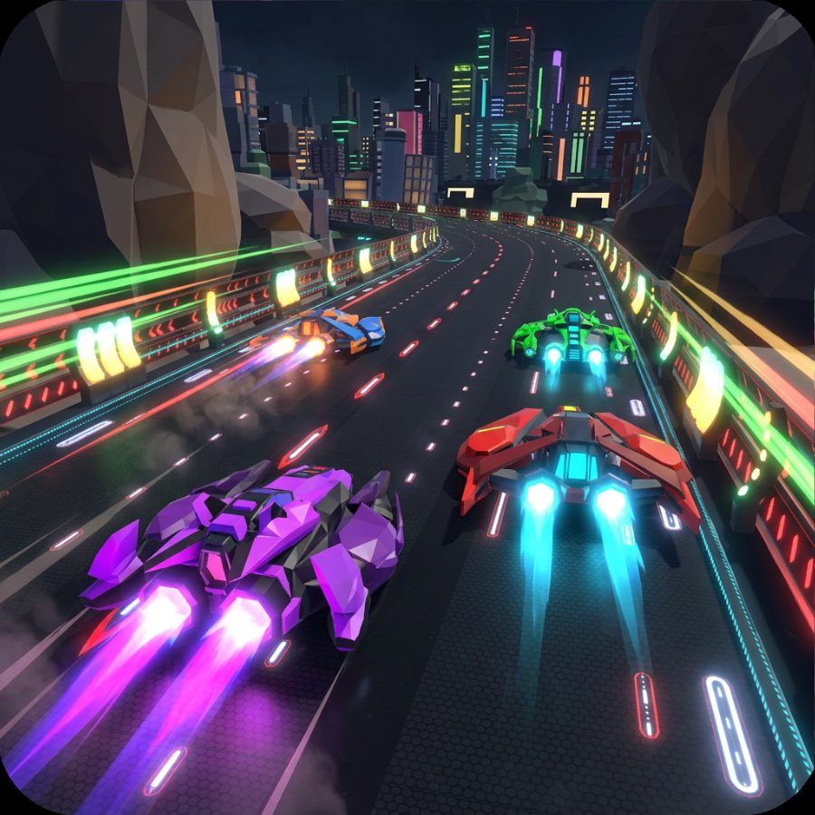 Four anti-gravity racers running side by side down a neon city straight at night.